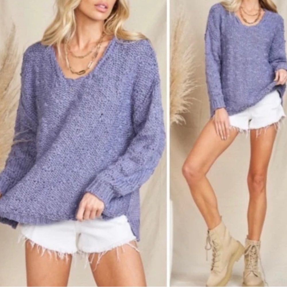 Free People Sunday Shore Chunky Open Knit Sweater Oversized V-neck XS Purple